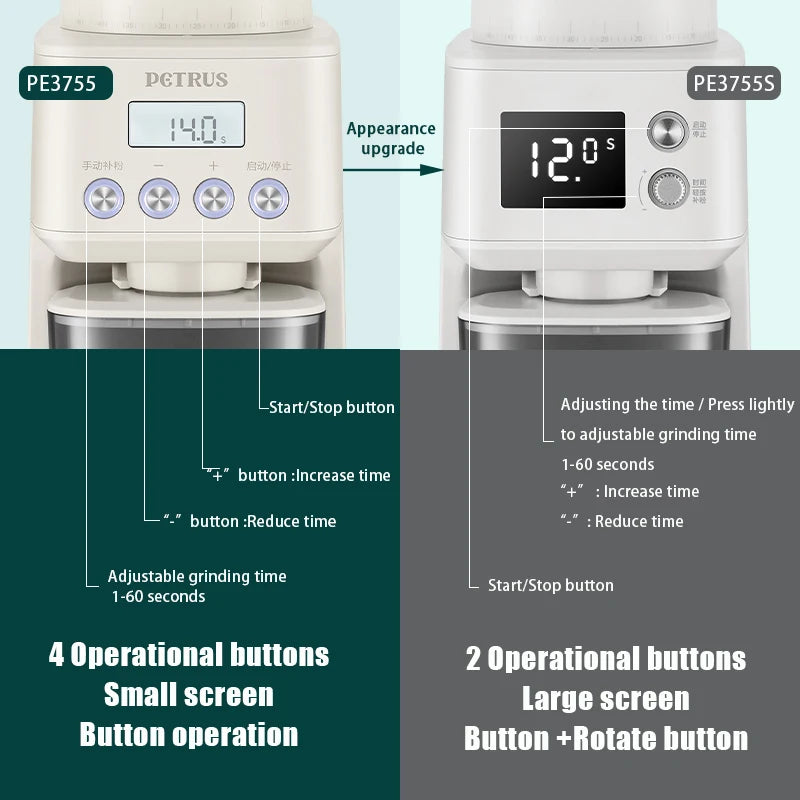 Petrus Electric Coffee Bean Grinder | 51 Precise Settings | Stainless Steel Conical Burr Grinder with Digital Timer Display
