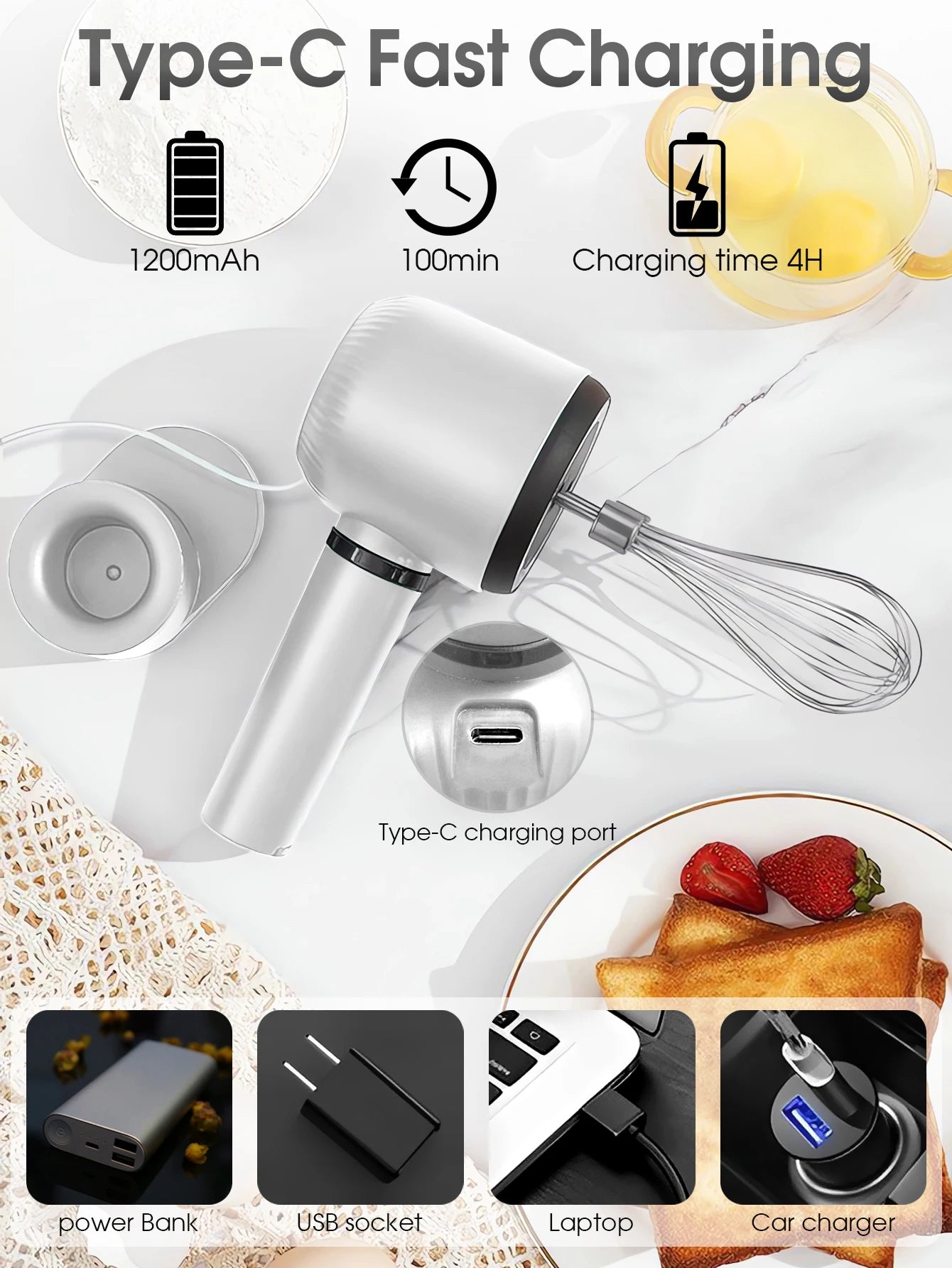 USB Rechargeable Electric Hand Blender — Wireless Portable 3-Speed Hand Whisk with 2 Attachments for Baking, Milk & Cream