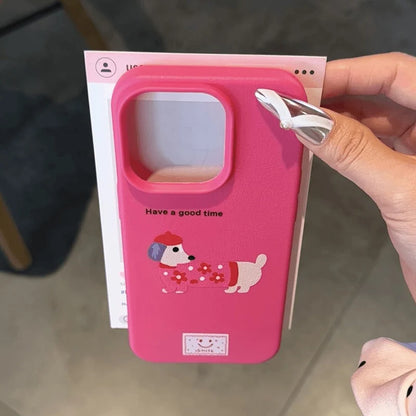 Cute Cartoon Dachshund iPhone Case – Litchi Texture Cover for iPhone 11–17 Pro/Pro Max/Plus/XS Max/XR