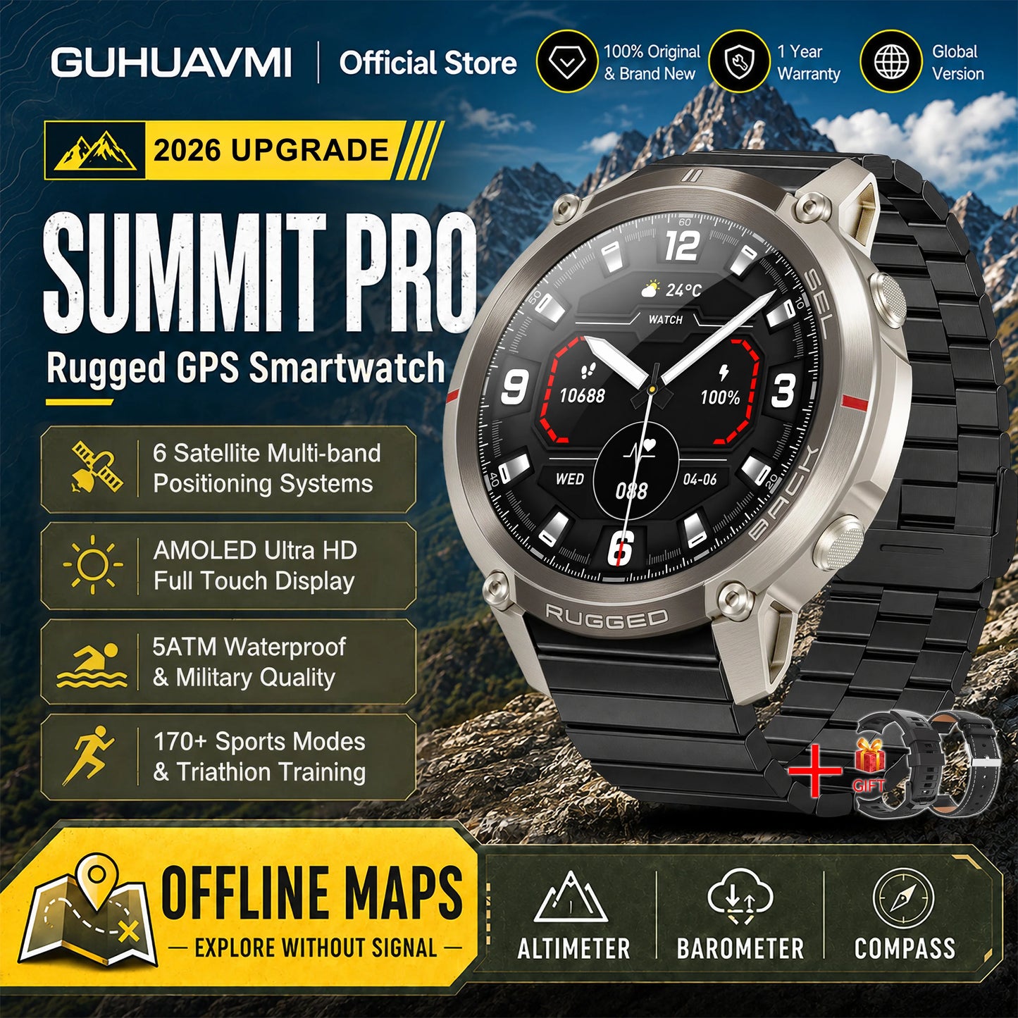 Military GPS Smartwatch for Men - 1.43" AMOLED Display, Bluetooth Calls, Compass, 5ATM Waterproof & 170+ Sports Modes
