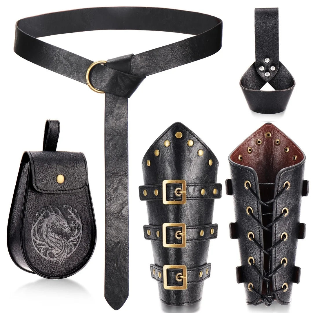 Medieval Viking Belt & Bracelet Set – Renaissance Copper Coin Waist Bag Cosplay Accessories for Halloween Dress Up