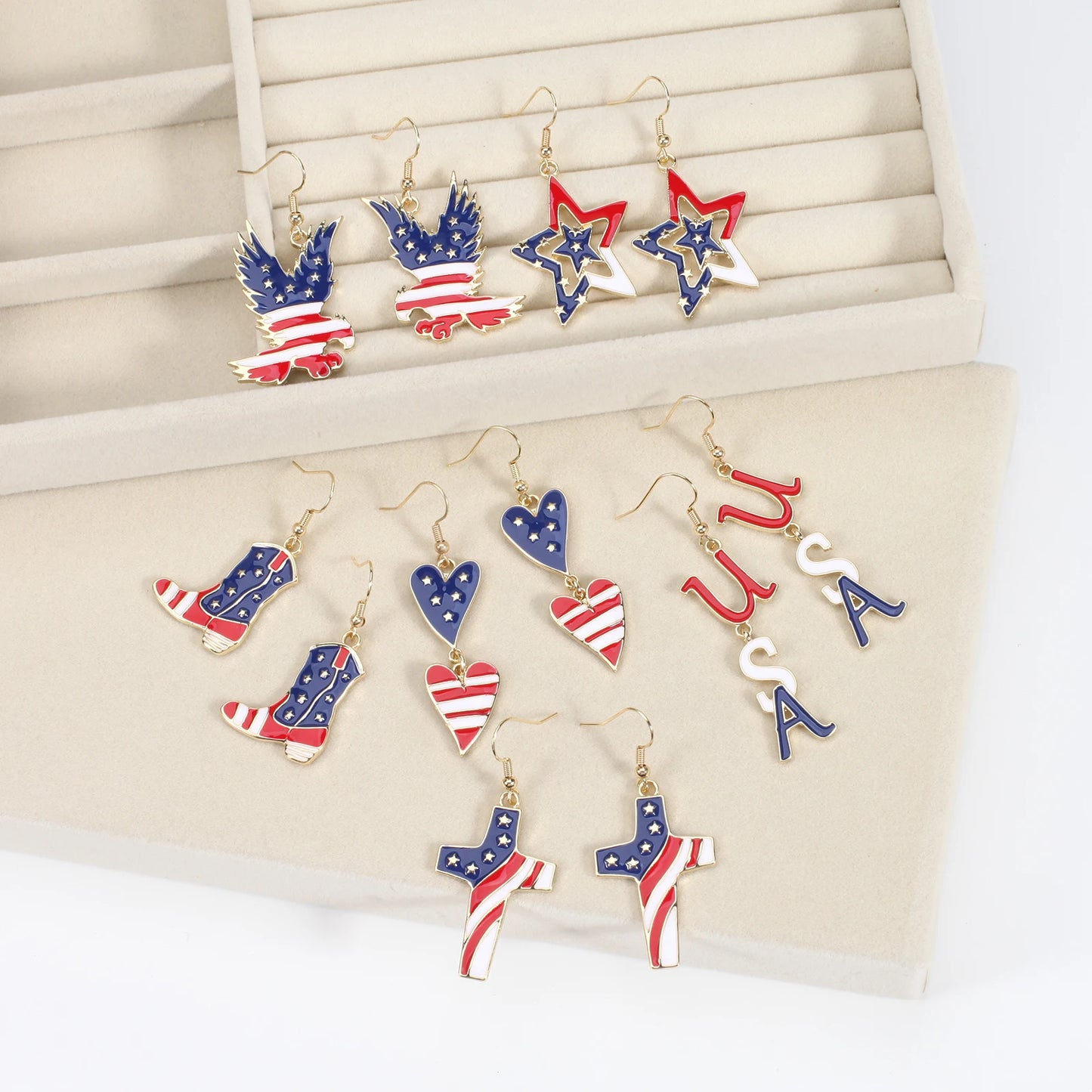 USA Flag Heart Star Cross Earrings - Patriotic Independence Day Dangle Jewelry for Women