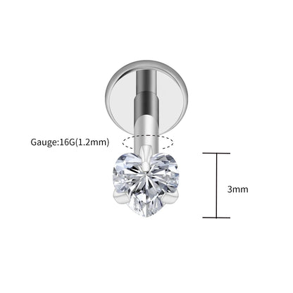 Right Grand ASTM F136 Titanium 16G Heart CZ Threaded Labret Stud – 3mm/4mm/5mm CZ Cartilage, Tragus, Helix & Nose Piercing Jewelry