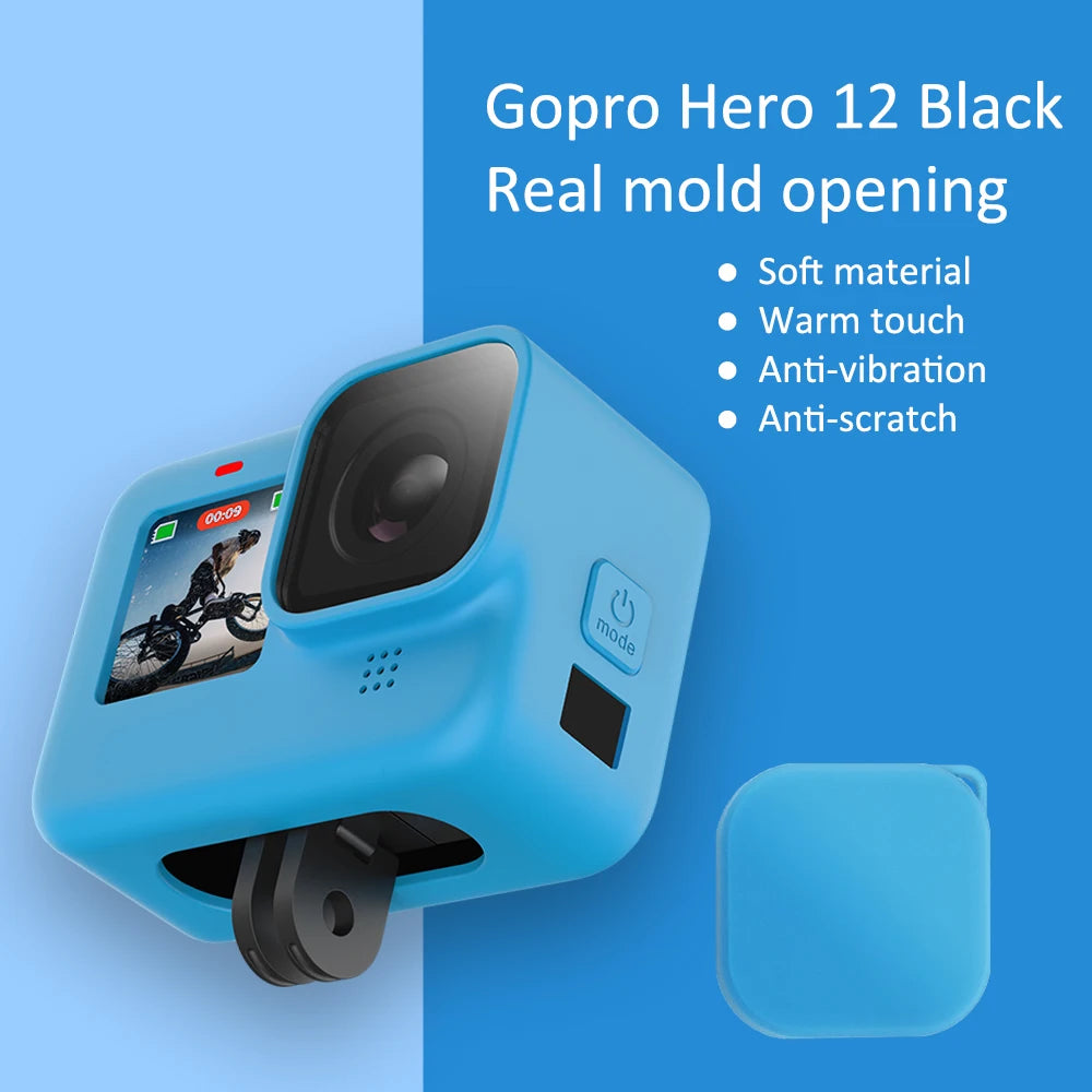 Protective Silicone Case for GoPro Hero 12/11/10/9 Black – Tempered Glass Screen Protector & Lens Cap Cover Accessory