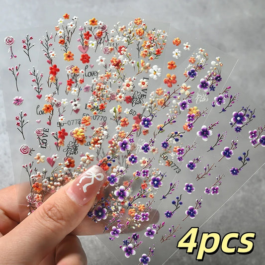 5D Floral Nail Stickers Set - Valentine’s Day Rose & Daisy Embossed Nail Decals for DIY Spring Summer Nail Art Decoration