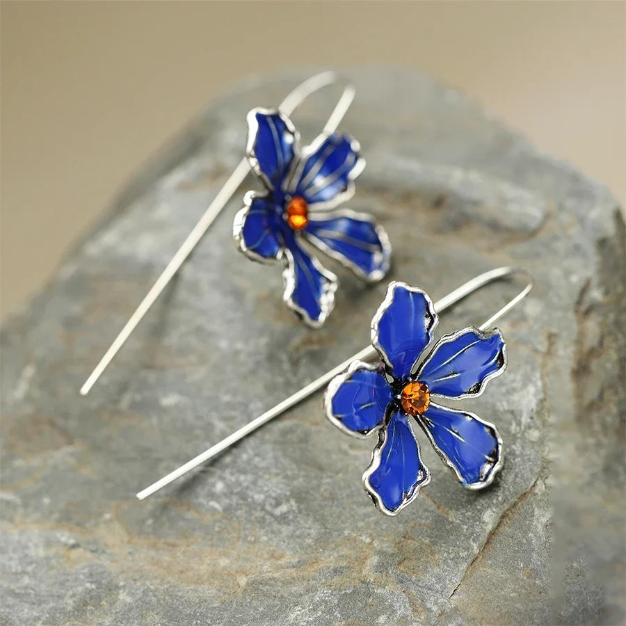 Retro Blue Oil Drop Earrings - European Style Long Hook Holiday Jewelry for Women