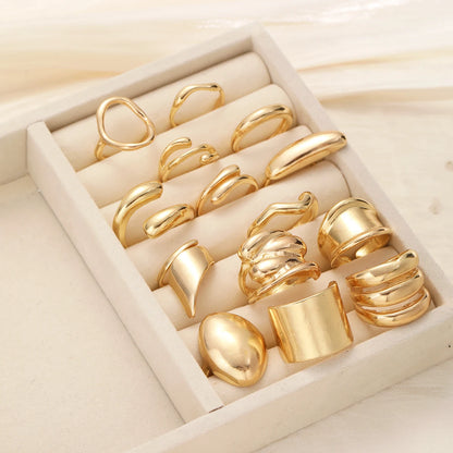 14pcs Gold Geometric Rings Set for Women – Wide Face Smooth Asymmetrical Fashion Jewelry Gift