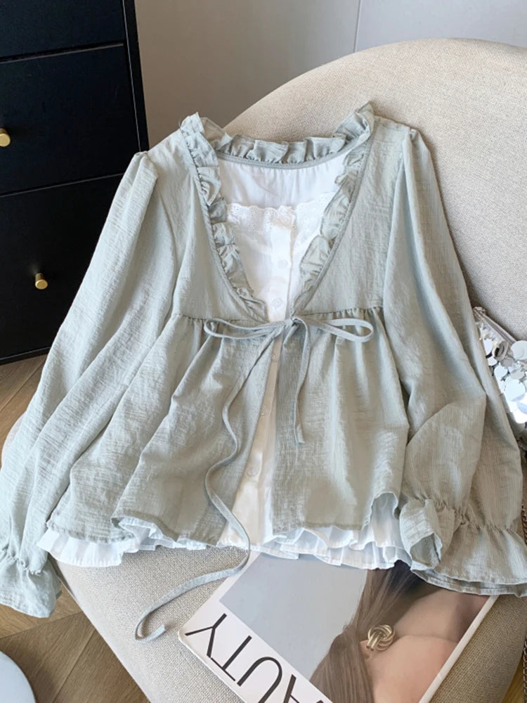 Casual Women’s Lace Collar Shirt – Sweet Fake Two-Piece Long Sleeve Top, Autumn 2024 Fashion