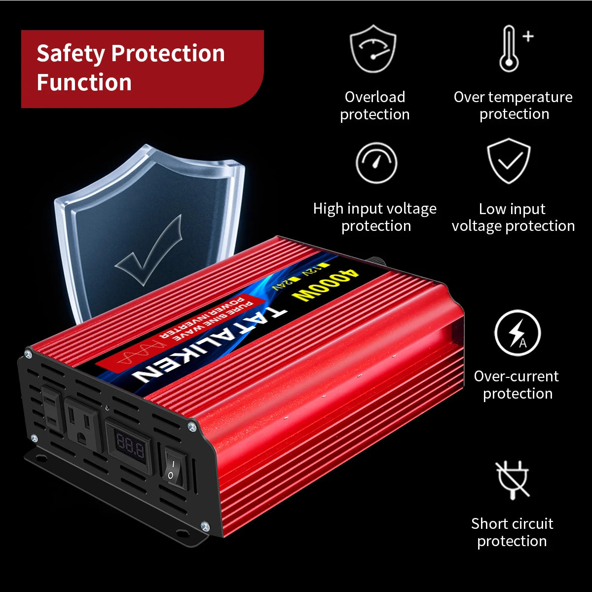 12V/24V to 110V AC Pure Sine Wave Power Inverter — 4000W/16000W 60Hz Converter with LED & US Socket for Car & Solar