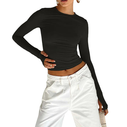 Women’s Long Sleeve Slim Fit Crop Top T-Shirt – Crew Neck Solid Color Thumb Hole Streetwear Summer Camisole Top