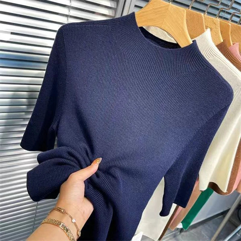 Women's Solid Color Knit Sweater – Stand Collar, Half Sleeve, Slim Fit, Soft High-Elastic Top for Autumn & Spring