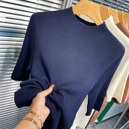 Women's Solid Color Knit Sweater – Stand Collar, Half Sleeve, Slim Fit, Soft High-Elastic Top for Autumn & Spring
