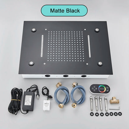 Black Ceiling Mounted LED Rainfall Shower Head – Intelligent Remote Control Concealed Waterfall Tap