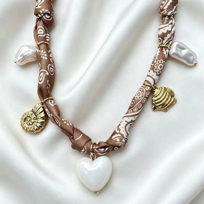 Bohemian Fabric Scarf Necklace - Sea Life, Heart & Floral Charm Pendant Vacation Jewelry Gift for Women