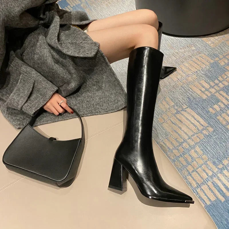 Pointed Toe Women's High Boots – Fashionable Side Zipper Long Booties, Elegant Party High Heel Shoes for Winter