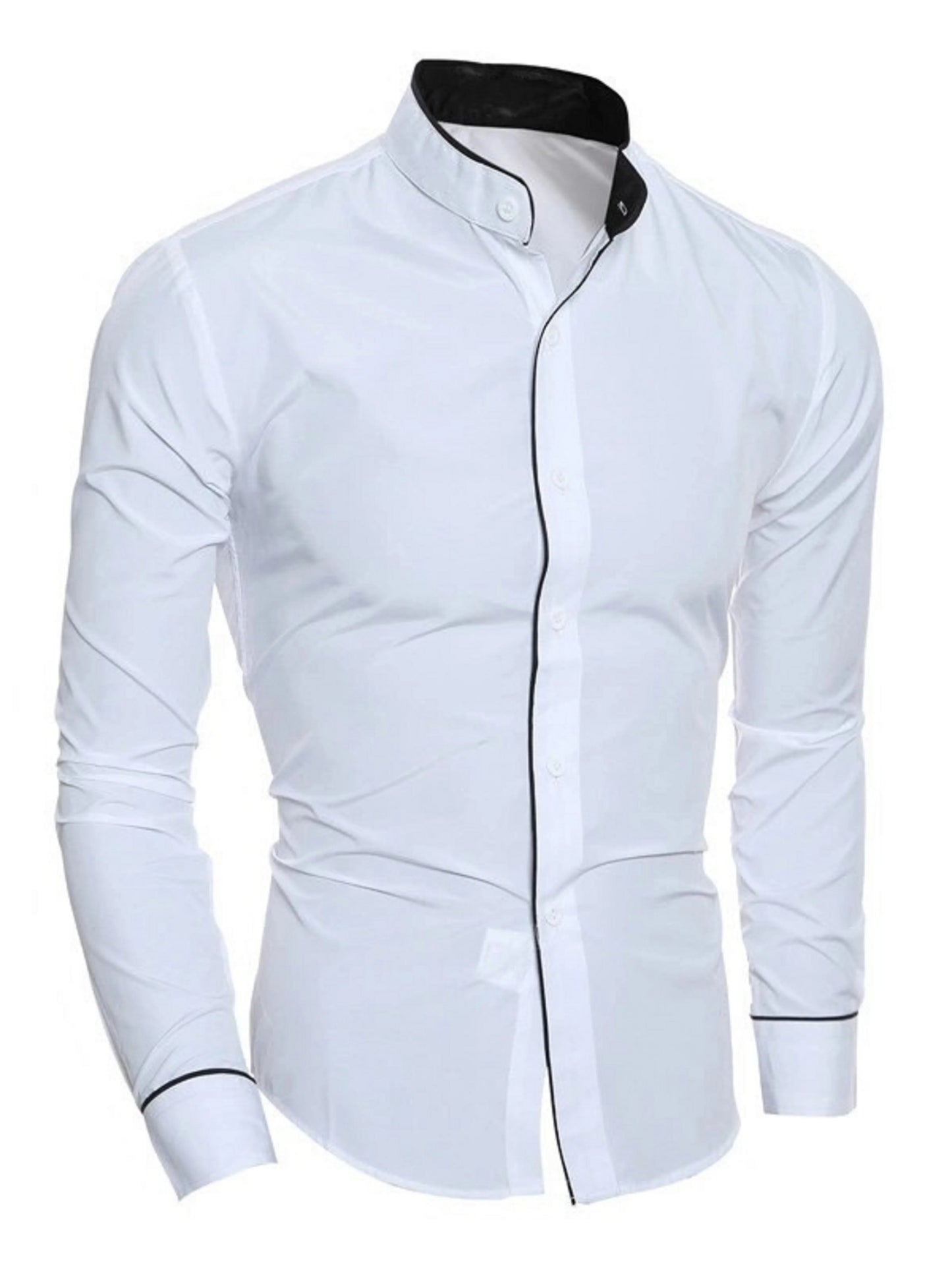 Men’s Stand Collar Long Sleeve Shirt - Slim Fit Solid Color Button Down Shirt for Spring & Autumn