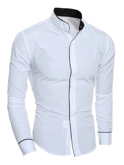 Men’s Stand Collar Long Sleeve Shirt - Slim Fit Solid Color Button Down Shirt for Spring & Autumn