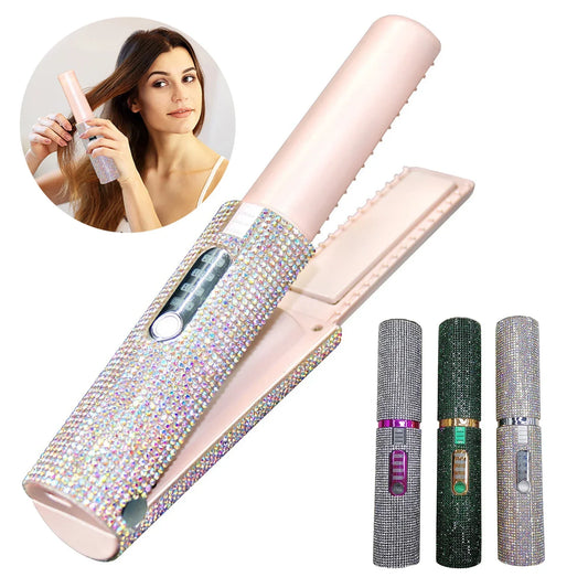 2-in-1 Cordless Hair Straightener & Curler – Diamond Design Hair Styling Brush for Travel & Home Use