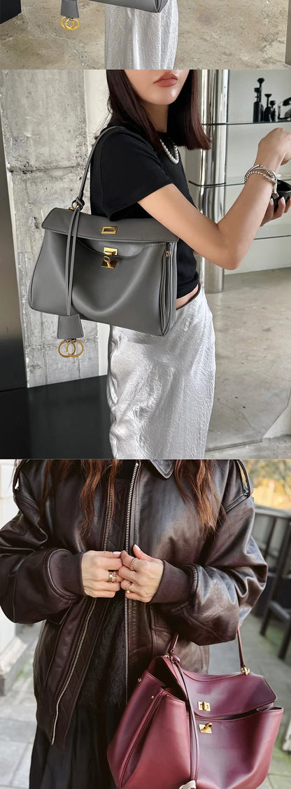 New Rodeobag Leather Kelly Bag — Women’s Large Capacity Fashion Handbag with Advanced Lock, High-End Underarm Bag