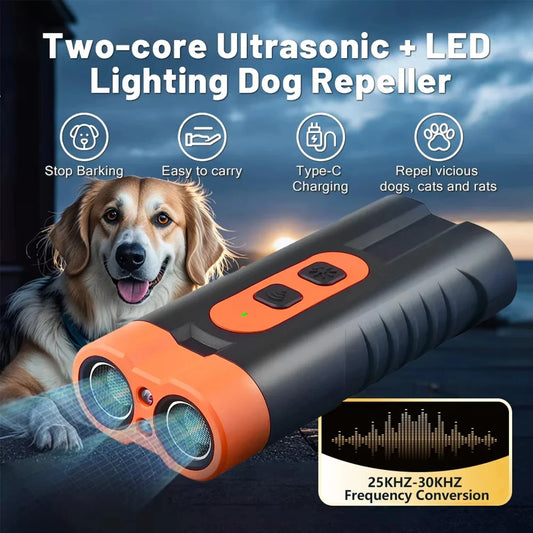 Ultrasonic Dog Repeller - Dual Head USB Rechargeable Anti-Bark Training Device with LED Flashlight