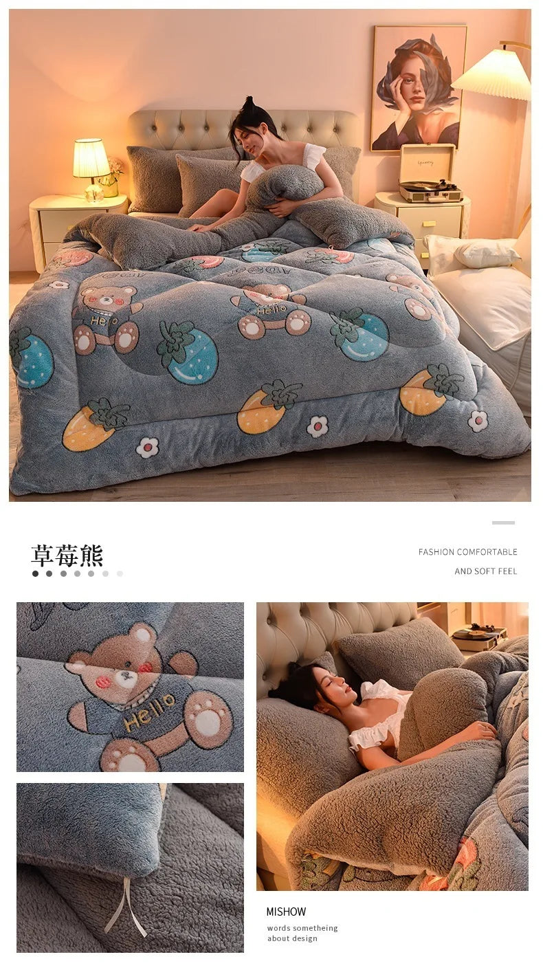 Plush Winter Lamb Velvet Quilt – Thickened Cotton, Double-Sided Warm Lamb Wool Blanket for Single & Double Beds