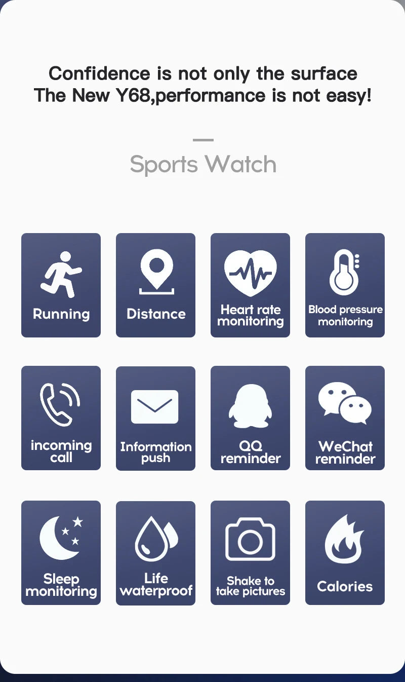 Multifunctional Y68 Smartwatch — Bluetooth Phone, Music, Fitness & Sports Tracker with Sleep Monitor for Men & Women, D20 Model