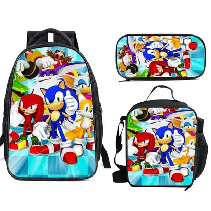 3PC Cartoon School Bag Set – Sonic Lunch Bag, Pencil Case & Backpack for Primary & Middle School Students
