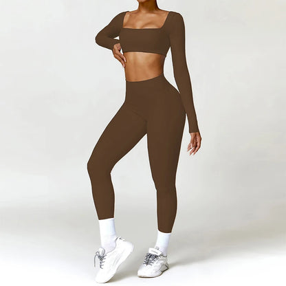 Hearuisavy 2PCS Long Sleeve Gym Set for Women, Quick-Drying Yoga Clothes, Sportswear, Running Leggings, Workout Sports Crop Top