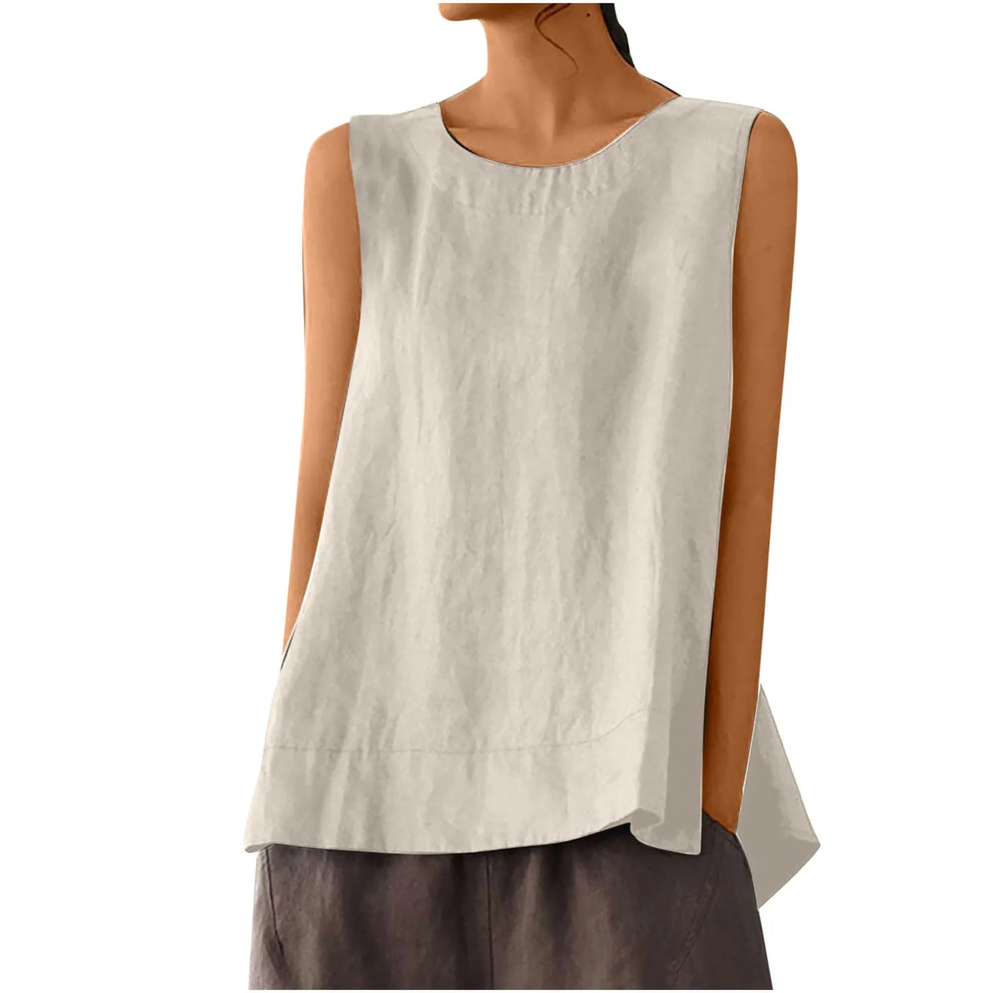 Women’s Summer Oversized Linen Vest Top - Retro Solid Color Sleeveless Round Neck Casual Breathable Shirt