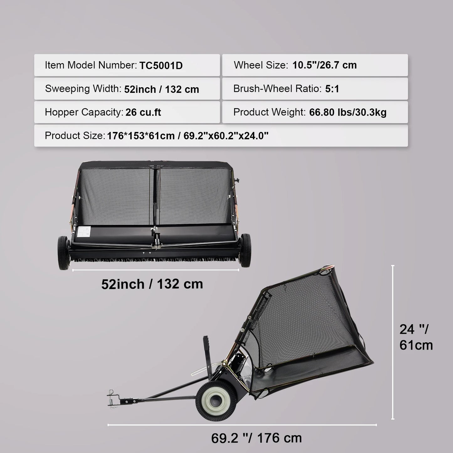 SucceBuy 52 Inch Lawn Sweeper - Heavy Duty Tow Behind Leaf and Grass Collector with 26CuFt Hopper