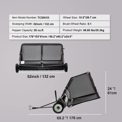 SucceBuy 52 Inch Lawn Sweeper - Heavy Duty Tow Behind Leaf and Grass Collector with 26CuFt Hopper