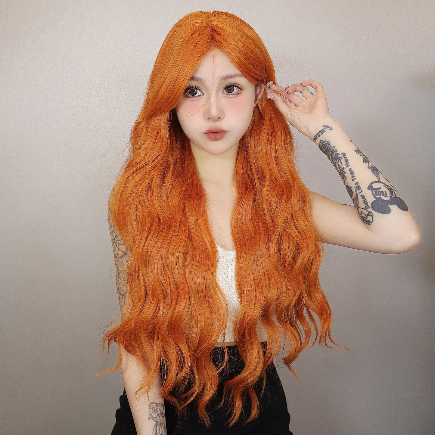 Long Orange Water Wave Wig for Women — Synthetic Wavy Hair with Bangs, Heat-Resistant for Cosplay & Party