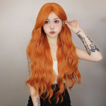 Long Orange Water Wave Wig for Women — Synthetic Wavy Hair with Bangs, Heat-Resistant for Cosplay & Party