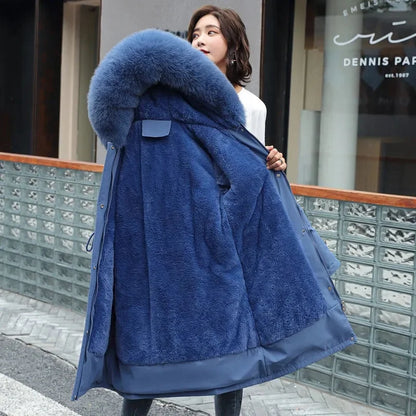 Women's Winter Hooded Parka - Long Padded Coat with Wool Lining & Fur Collar, 6XL