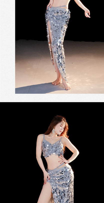2-Piece Belly Dance Costume Set for Women – Sexy Sequin Top & Skirt Outfit for Stage Performance & Training