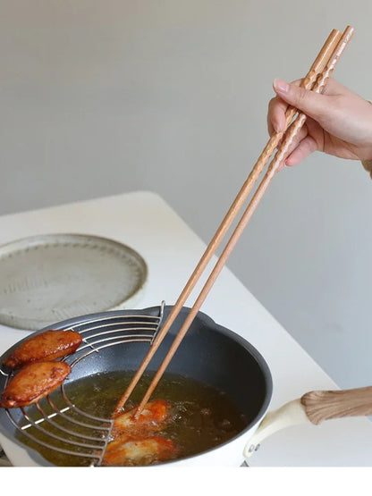 Japanese Extra Long Wooden Chopsticks – Polished Beech Wood, Anti-Slip for Fried Food & Noodles, Kitchen Cooking Tools
