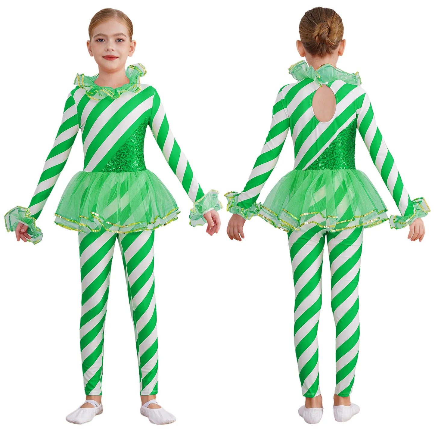Kids Candy Cane Striped Christmas Tutu Leotard — Sequined Santa Bodysuit for Ballet & Gymnastics