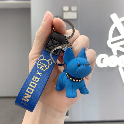 French Bulldog Keychain - Punk Style PU Leather Bag Pendant for Women & Men, Car Key Ring