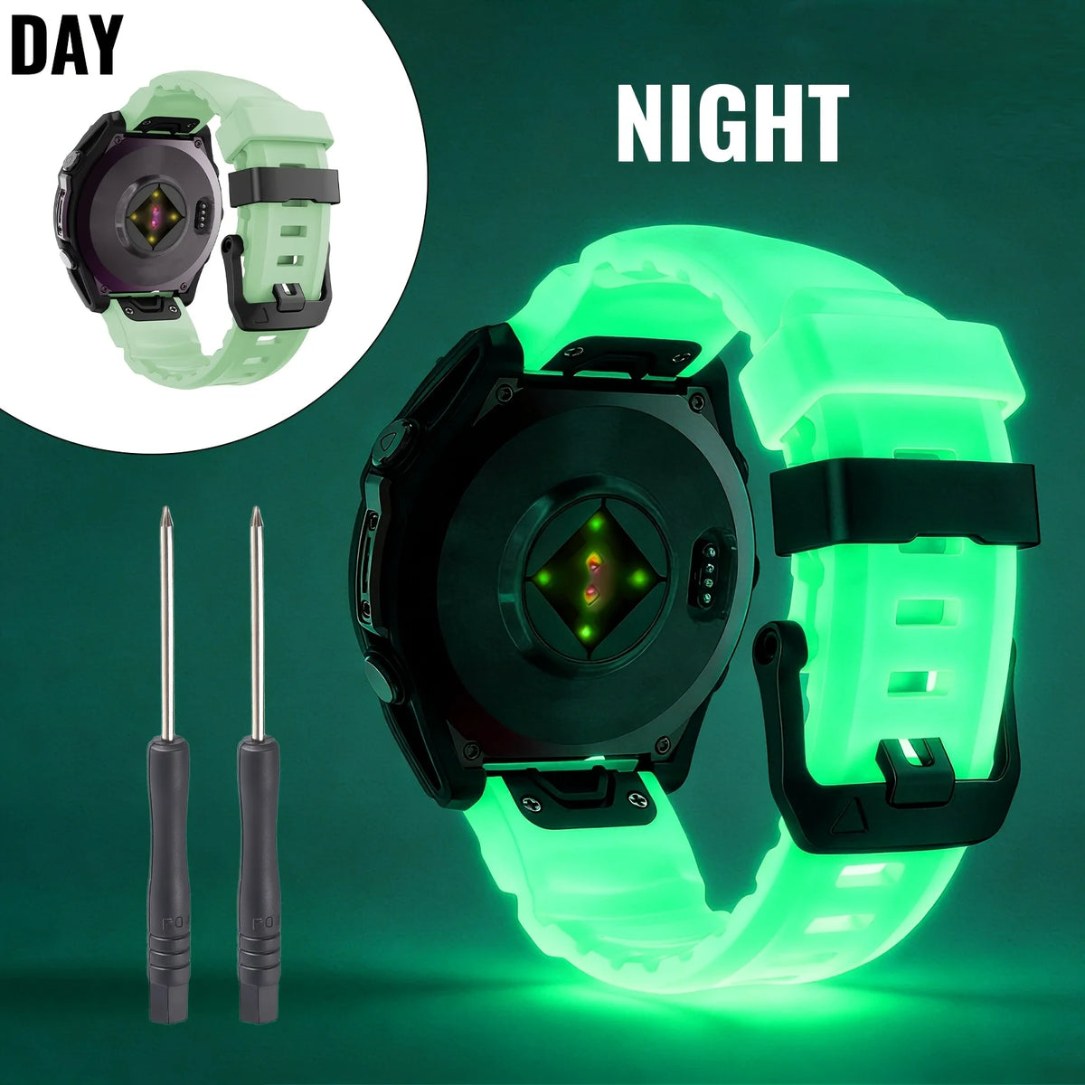 22mm/26mm Luminous Silicone Watch Band for Garmin Fenix, Tactix, Epix Pro and Enduro 3 - Quick-Release Sport Replacement Strap