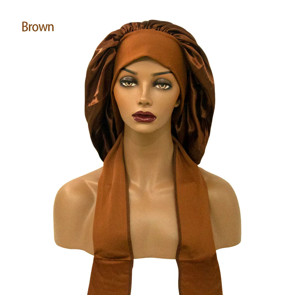 Satin Nightcap for Women - Wide Stretch, Extra-Large Long Tail, Shower Cap with Ribbon, Round Hat Hair Bonnet