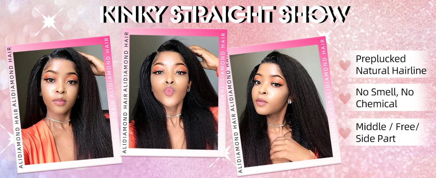 Kinky Straight Lace Front Wig – HD Transparent Remy Human Hair, Glueless Lace Part Wig for Women