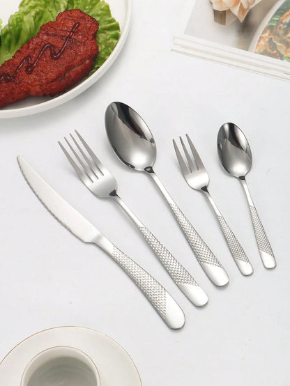 High-End Stainless Steel Silver Star Diamond Tableware Set - Includes Knife, Fork, Spoon, and Dessert Fork & Spoon - 6pc/30pc Options