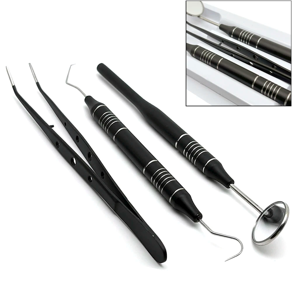 3pcs Dental Mouth Mirror Tweezers & Curved Probe Kit – Stainless Steel Oral Cleaning Instruments