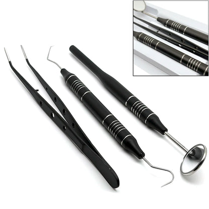 3pcs Dental Mouth Mirror Tweezers & Curved Probe Kit – Stainless Steel Oral Cleaning Instruments