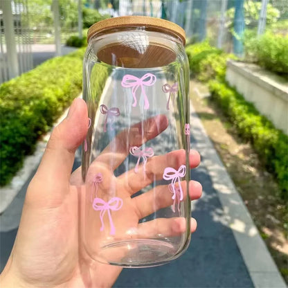 500ml Pink Bow Glass Tumbler with Lid & Straw - Cute Cup for Iced Coffee, Matcha, Smoothies & Juice