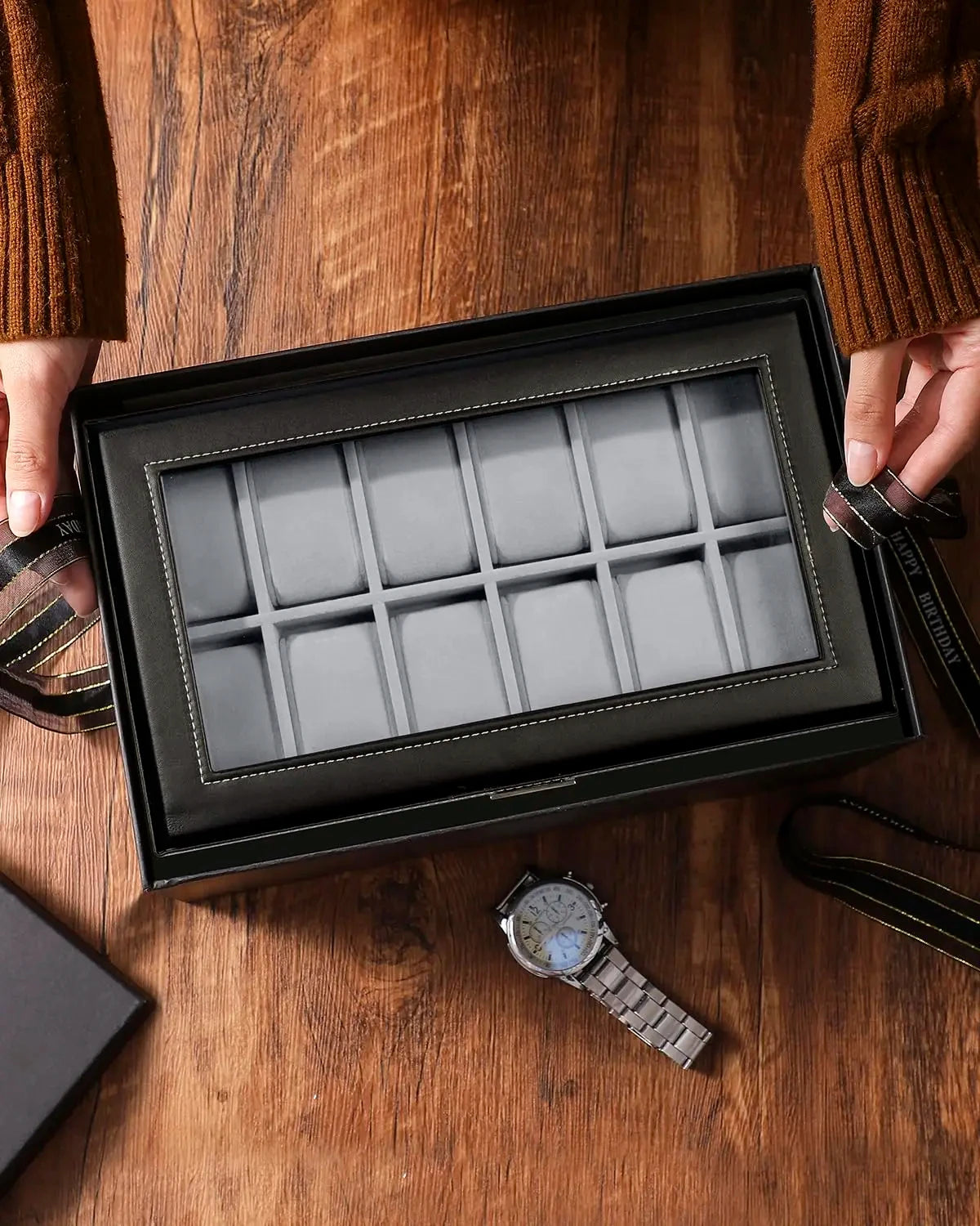 2024 12-Slot Leather Watch Storage Box — Lockable 2-Tier Organizer & Jewelry Display Drawer for Men & Women
