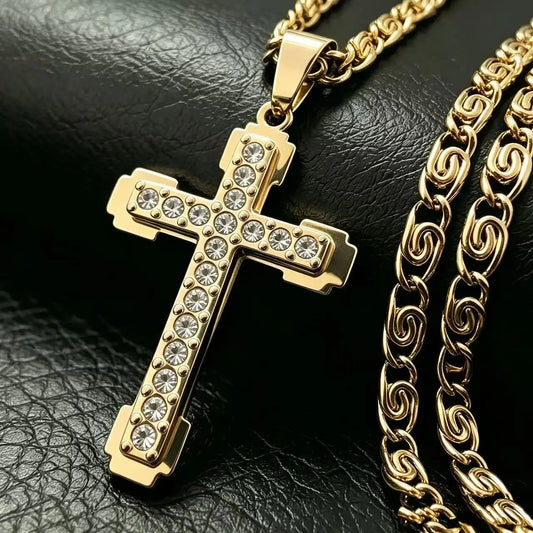HNSP Stainless Steel Zircon Cross Necklace Pendant – Luxury Jewelry Accessories for Men & Women Fashion Gift