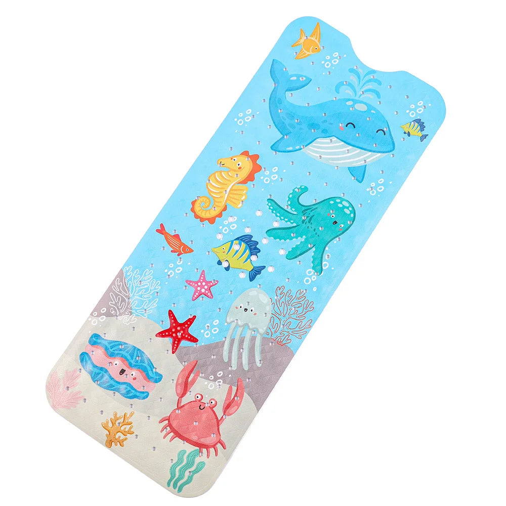 40x100cm Cartoon Sea World Anti-Skid Bath Mat – Soft Non-Slip Shower Mat with Suction Cups for Kids & Elderly