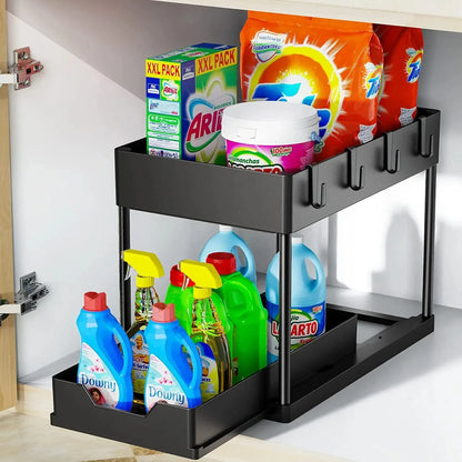 2-Tier Under Sink Sliding Cabinet Organizer — Basket Storage Rack with Hooks for Bathroom & Kitchen