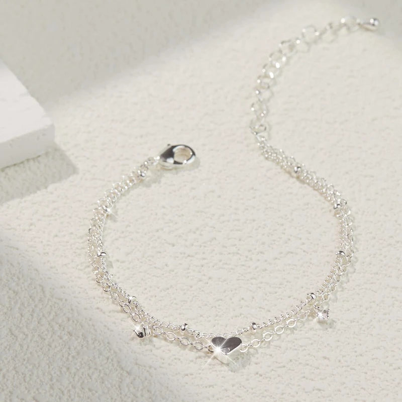 925 Silver Plated CZ Anklet Bracelet – Waterproof Heart Charm Dainty Layered Chain Anklet for Women & Girls Jewelry Gift